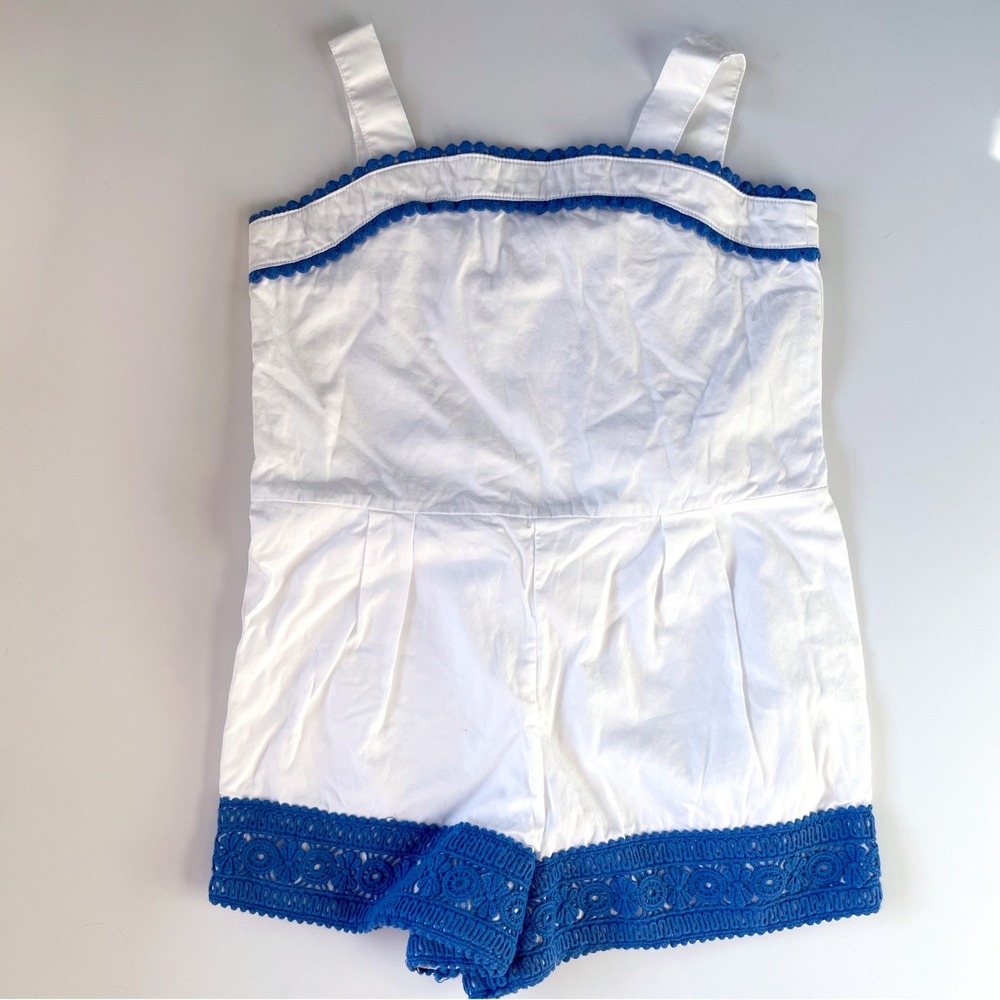 Girls White Blue Crochet Trim Coastal Romper Cotton Size 5 Preppy Nautical Boho